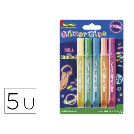 PEGAMENTO MARCA IMEDIO GLITTER GLUE BRILLA EN LA OSCURIDAD PARA MANUALIDADES 10 ML BLISTER DE 5 UNIDADES COLORES SURTIDOS