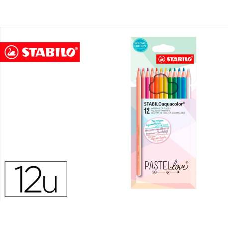LAPICES DE COLORES MARCA STABILO AQUACOLOR ACUARELABLES PASTEL LOVE ESTUCHE CARTON DE 12 COLORES SURTIDOS