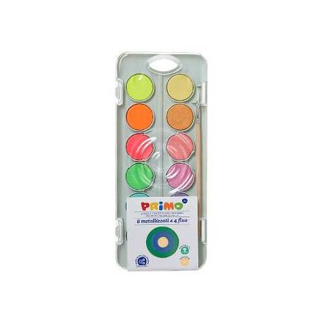 ACUARELA PRIMO 8 COLORES METAL + 4 COLORES NEON CON PINCEL Y PALETA DE MEZCLA ESTUCHE