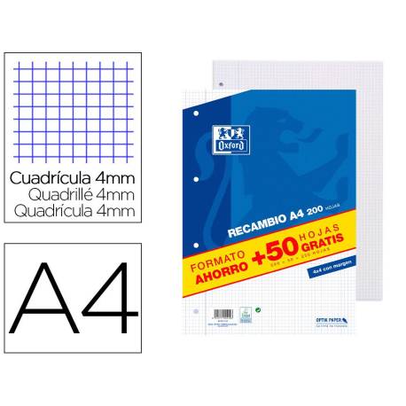 Recambio Oxford DIN A4 4 taladros 90 gr cuadrícula 4mm