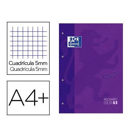 Recambio color 1 oxford din a4+ 80 hojas 90 gr cuadricula 5 mm tapa blanda 4 taladros color lila touch.