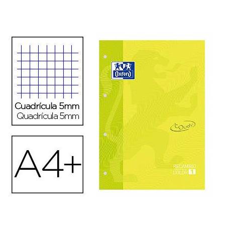 Recambio color 1 oxford din a4+ 80 hojas 90 gr cuadricula 5 mm tapa blanda 4 taladros color lima touch.