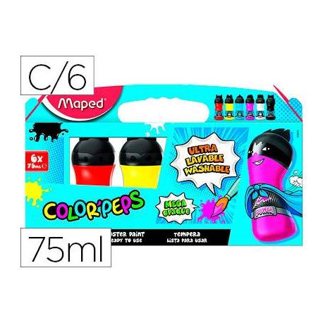 Tempera Maped Color Peps Ultra Lavable Colores Primarios Surtidos Caja de 6 botellas 75 ml