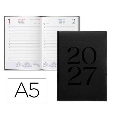 AGENDA OFICINA MARCA LIDERPAPEL 2027 ENCUADERNADA CRETA DIA PAGINA A5 BILINGUE 70G PAPEL FSC BLACK