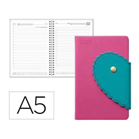 AGENDA OFICINA MARCA LIDERPAPEL 2027 ENCUADERNADA HEART CLOSURE DIA PAGINA A5 BILINGUE 70G PAPEL FSC DESIGN