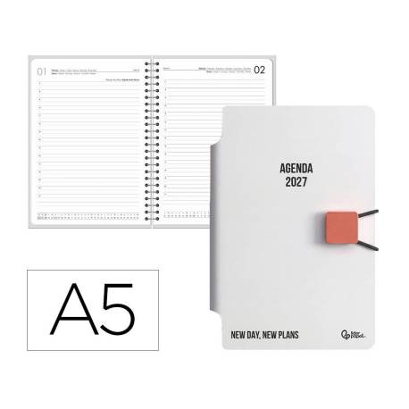 AGENDA OFICINA MARCA LIDERPAPEL 2027 ENCUADERNADA ELASTIC CLOSURE PEN DIA PAGINA A5 BILINGUE 70G PAPEL FSC DESIGN