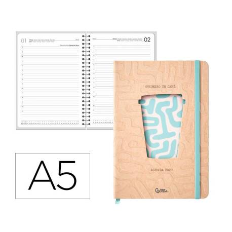 AGENDA OFICINA MARCA LIDERPAPEL 2027 ENCUADERNADA COFFE DIA PAGINA A5 BILINGUE 70G PAPEL FSC DESIGN 1