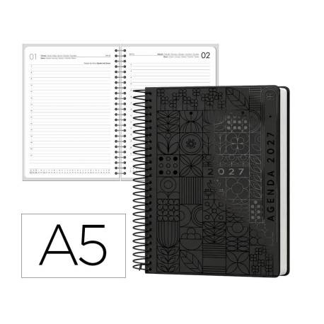 AGENDA OFICINA MARCA LIDERPAPEL 2027 ESPIRAL SYROS DIA PAGINA A5 BILINGUE 60G PAPEL FSC BLACK