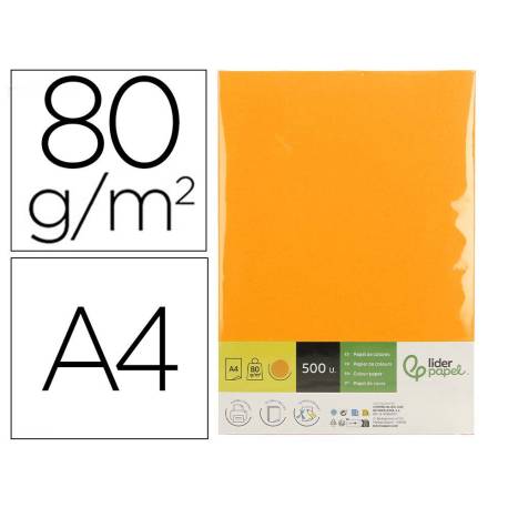 PAPEL COLOR MARCA LIDERPAPEL DIN A4 80 GR NARANJA NEON PAQUETE DE 500 HOJAS