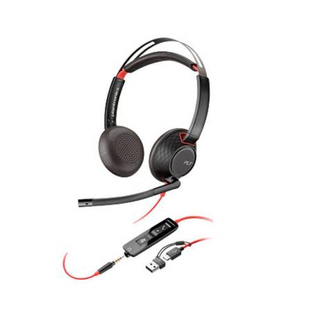 AURICULARES MARCA POLY CON CABLE BLACKWIRE 5220 USB-C CONEXION 3,5 MM ADAPTADOR USB-C/A