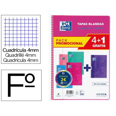 CUADERNO MARCA ESPIRAL OXFORD TAPA BLANDA FOLIO 80 HOJAS 90GR CUADRO 4 MM COLORES TENDENCIAS PACK DE 4+1
