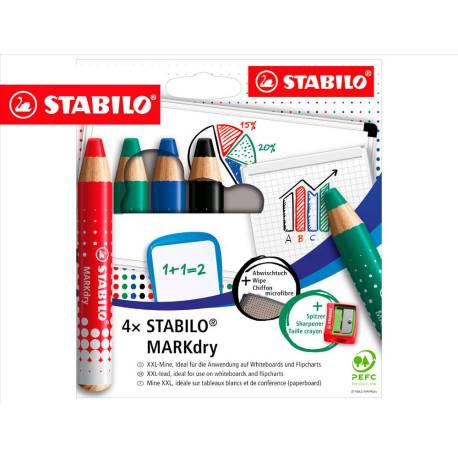 LAPIZ MARCADOR EN SECO MARCA STABILO MARKDRY PARA PIZARRA BLANCA ESTUCHE DE 4 UNIDADES COLORES SURTIDOS