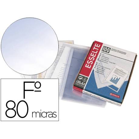 FUNDA MULTITALADRO MARCA ESSELTE FOLIO PVC CRISTAL 80 MC CON REFUERZO CAJA DE 100 UNIDADES