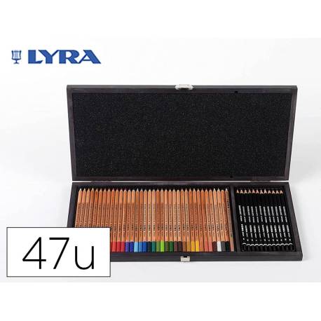 SET DIBUJO MARCA LYRA ESTUCHE DE MADERA CON 47 PIEZAS SURTIDAS