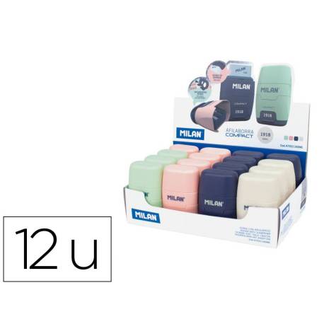 SACAPUNTAS MARCA MILAN COMPACT SERIE 1918 PLASTICO 2 USOS CON GOMA DE BORRAR EXPOSITOR DE 16 UNIDADES COLORES