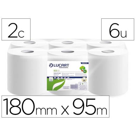 PAPEL SECAMANOS MARCA LUCART ECOLOGICO 16,5 G 2 CAPAS 180 MM X 95 M PAQUETE DE 6 ROLLOS