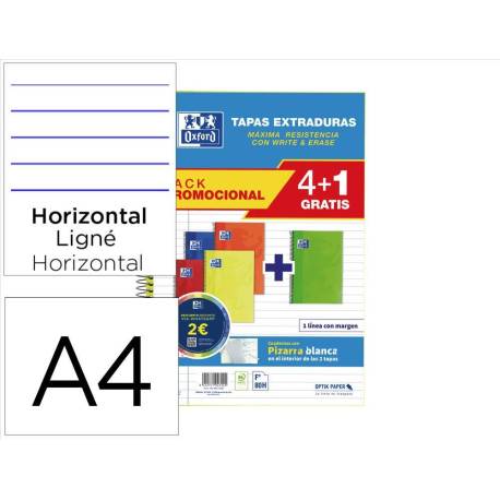 CUADERNO MARCA ESPIRAL OXFORD TAPA EXTRADURA FOLIO 80 HOJAS 90 GR RAYADO HORIZONTAL COLORES VIVOS PACK DE 4+1 UNIDADES