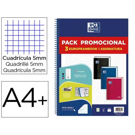 CUADERNO ESPIRAL MARCA OXFORD EBOOK 1 SCHOOL TAPA EXTRADURA DIN A4+ 80H CUADRO 5 MM PACK DE 3 UNIDADES COLORES SURTIDOS