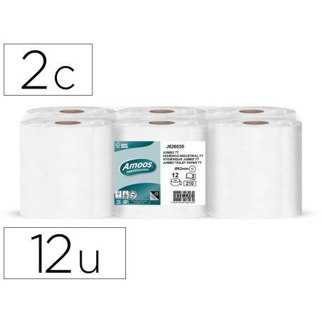 PAPEL HIGIENICO MARCA AMOOS JUMBO INDUSTRIAL 2 CAPAS 30G/M2 PAQUETE DE 12 ROLLOS