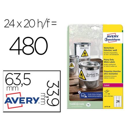 Etiqueta adhesiva Avery poliester blanco 63,5x33,9 mm para impresora laser pack de 480 unidades