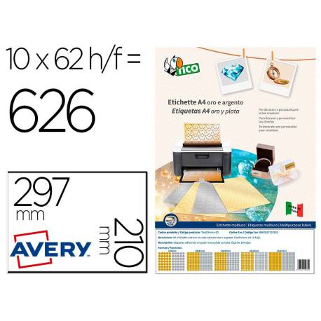 ETIQUETA ADHESIVA AVERY TICO PAPEL SATINADO COLOR ORO / PLATA LASER MEDIDAS SURTIDAS PACK DE 626 ETIQUETAS