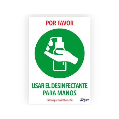 SEÑAL ADHESIVA AVERY USAR DESINFECTANTE PARA LAS MANOS DIN A4 RESISTENTE A LOS RAYOS UV PACK DE 2 UDS