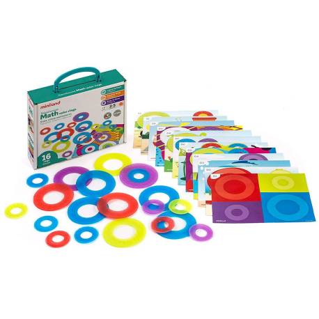 JUEGO MINILAND SET DE 16 AROS TRANSLUCIDOS Y 12 TARJETAS DE ACTIVIDADES DIFERENTES TEMATICAS 235X195X80 MM