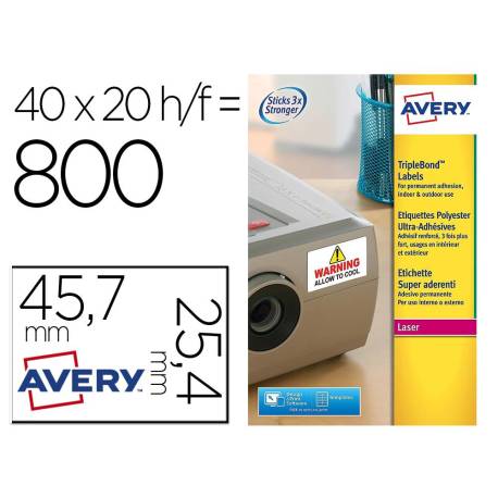 ETIQUETA ADHESIVA MARCA AVERY POLIESTER SUPER ADHERENTE BLANCA 45,7X25,4 MM IMPRESORA LASER PACK DE 800 UNIDADES