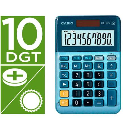 CALCULADORA CASIO MS-100EM DE SOBREMESA 10 DIGITOS TX +/- TECLA DOBLE CERO COLOR AZUL