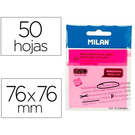 BLOC DE NOTAS ADHESIVAS QUITA Y PON MARCA MILAN 76X76 MM REMOVIBLE PLASTICO TRANSLUCIDO ROSA FLUOR 50