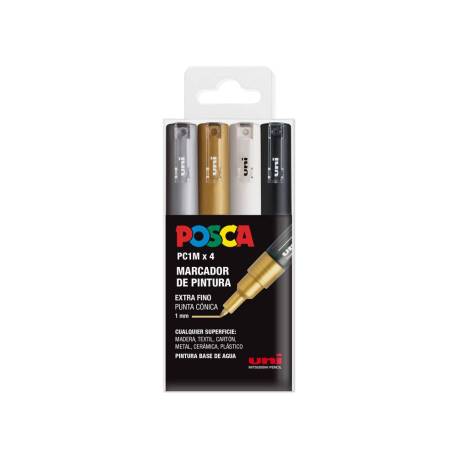 ROTULADOR MARCA UNI POSCA PC-1M/4C MARCADOR DE PINTURA PUNTA EXTRAFINA 1 MM ESTUCHE GSWB DE 4 UNIDADES SURTIDAS