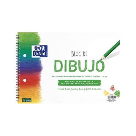 BLOC DE DIBUJO MARCA OXFORD ESPIRAL DIN A4+ 20 HOJAS CON RECUADRO 2 TALADROS 130 GR