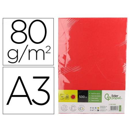 PAPEL COLOR MARCA LIDERPAPEL DIN A3 80 GR ROJO INTENSO PAQUETE DE 500 HOJAS